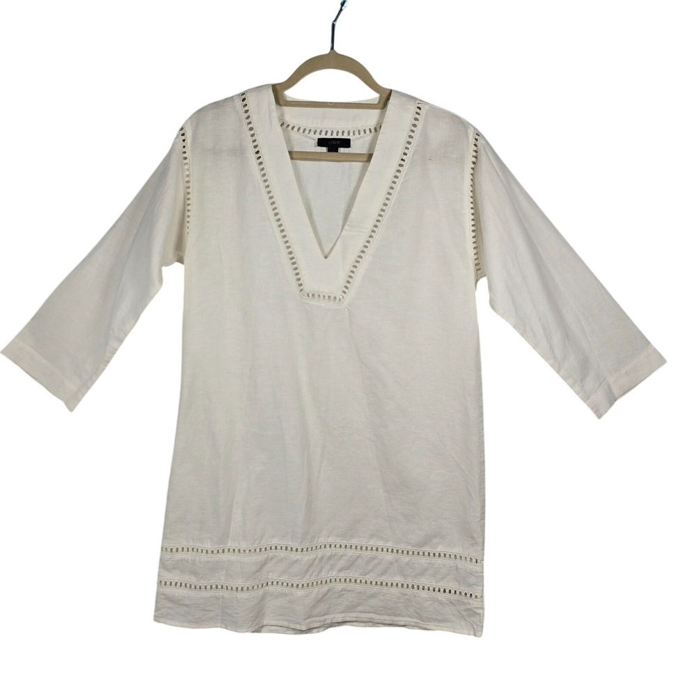 J. Crew Tunic Top Woman Small White Linen Blend V-Neck Eyelet Trim Casual Summer
